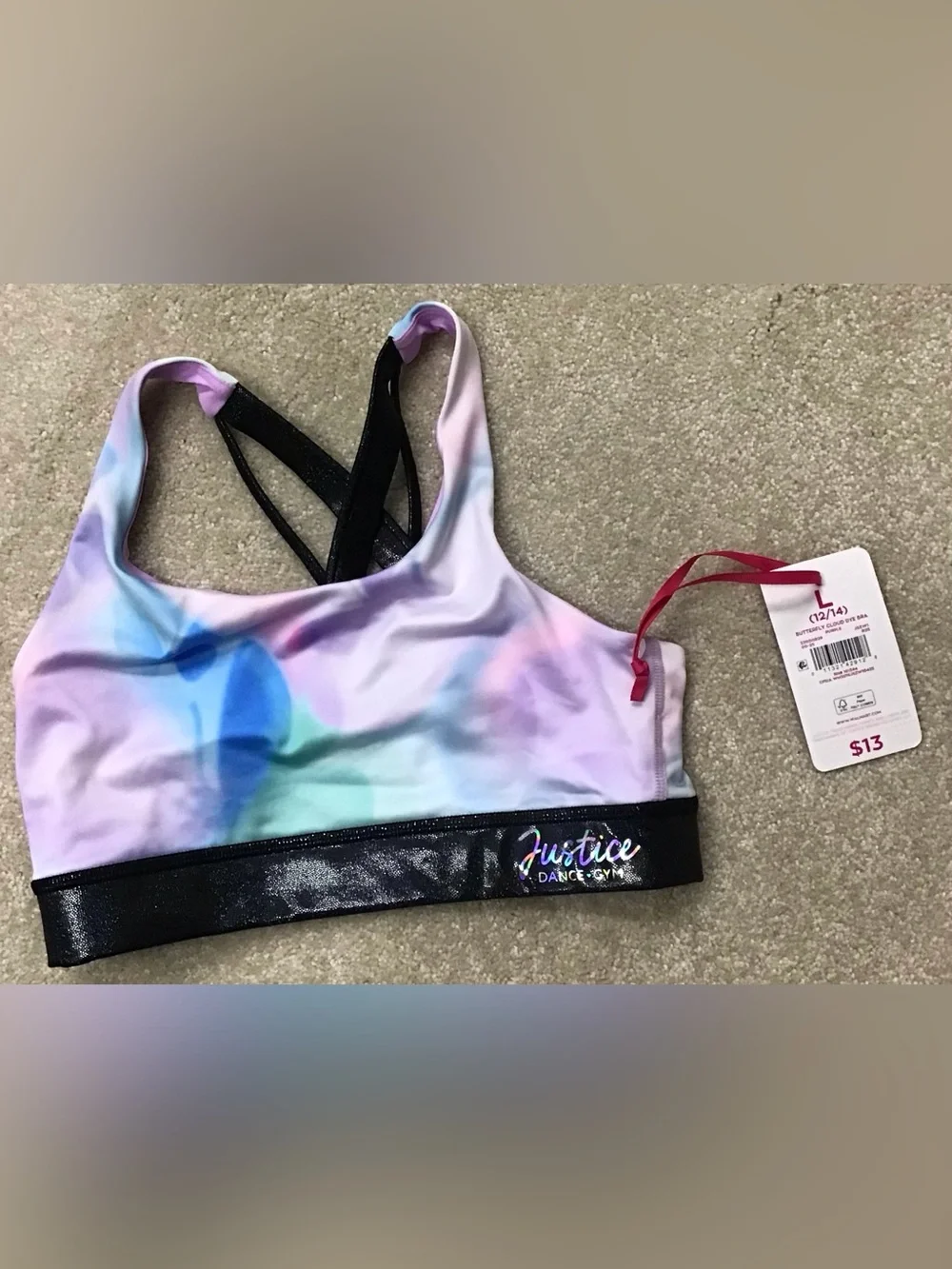 Justice Pastel Tie-Dye Sports Bra - Pink Blue Purple with Black Band